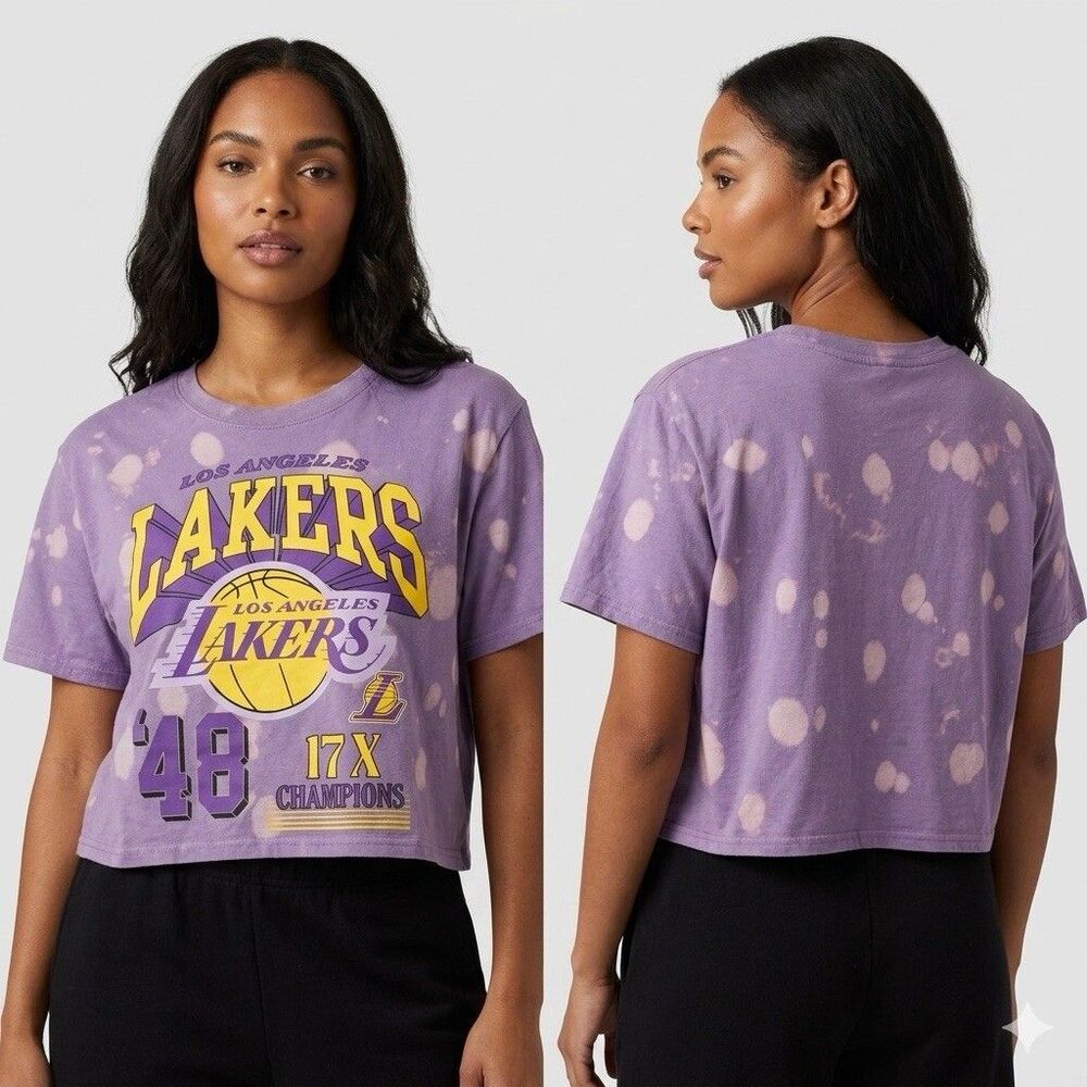 NBA Lakers Women's Large Purple Cropped Graphic Bleach Wash T-Shirt Champions